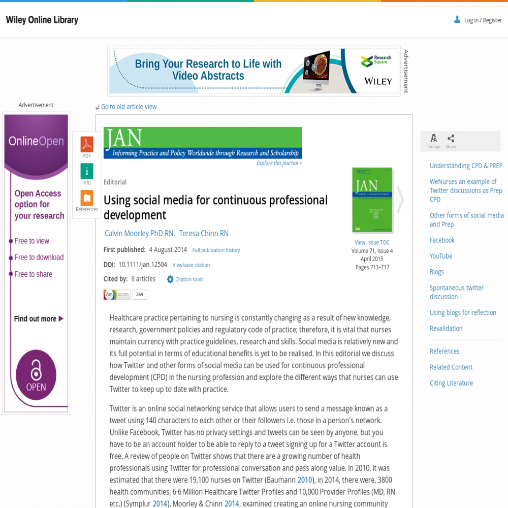 A healthcare social media research article published in Journal of Advanced Nursing, August 3, 2014