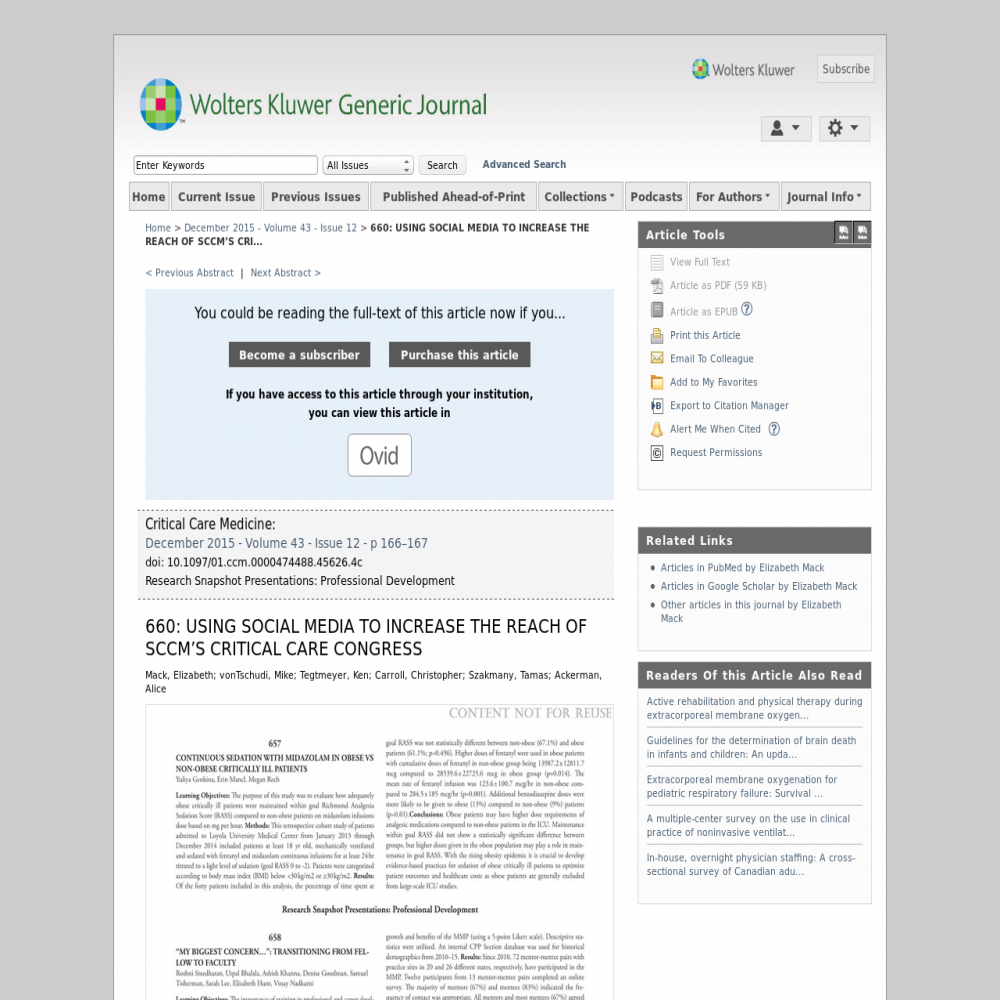 A healthcare social media research article published in Critical Care Medicine, December 1, 2015