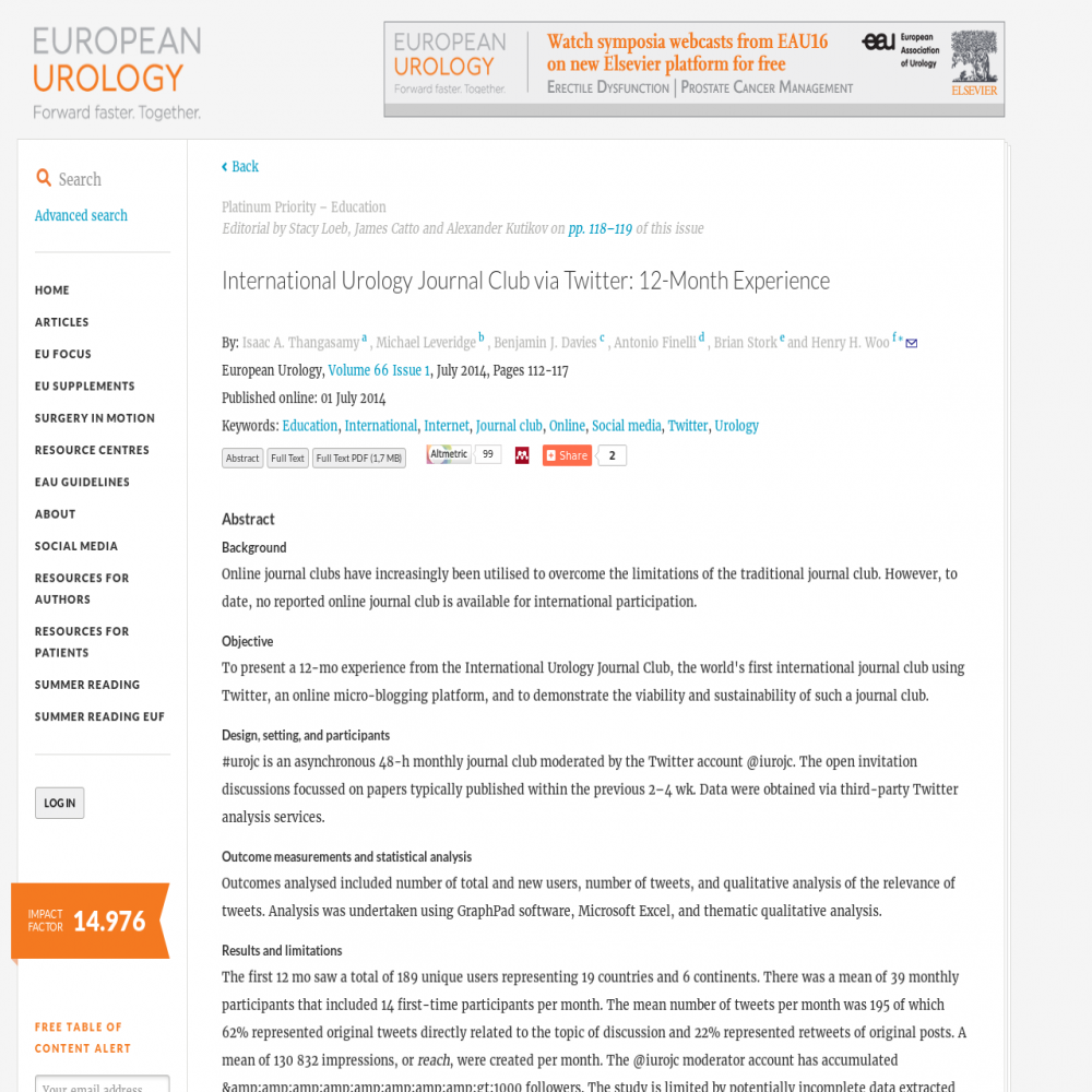 A healthcare social media research article published in European Urology, June 30, 2014