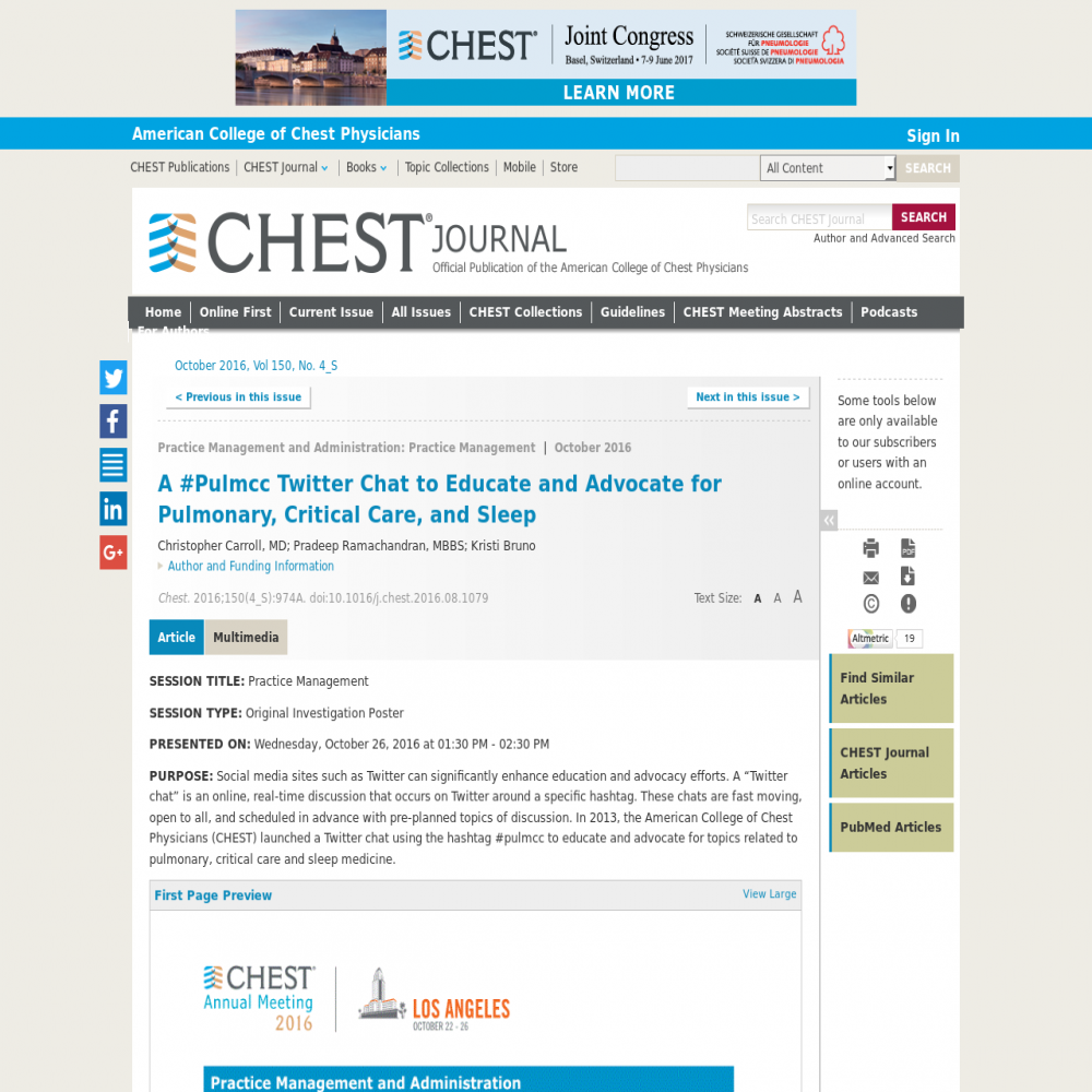 A healthcare social media research article published in CHEST, September 30, 2016