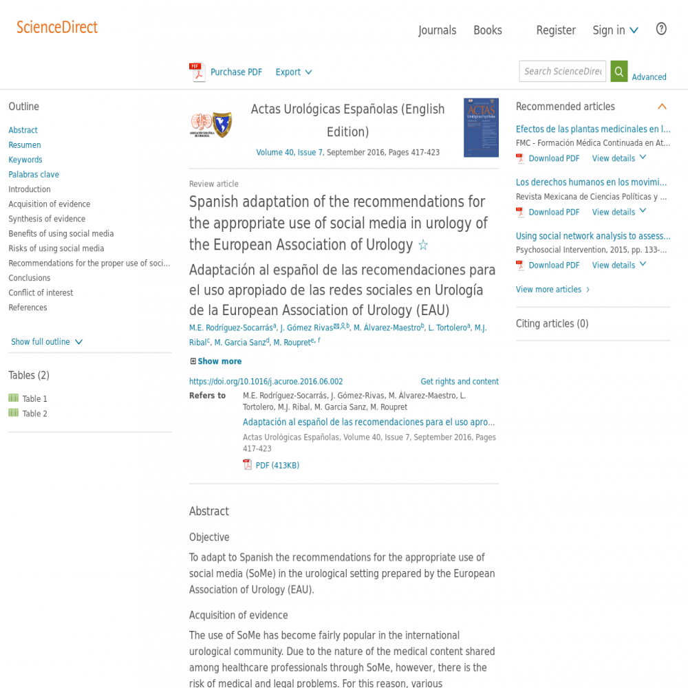 A healthcare social media research article published in Actas Urológicas Españolas, February 1, 2016