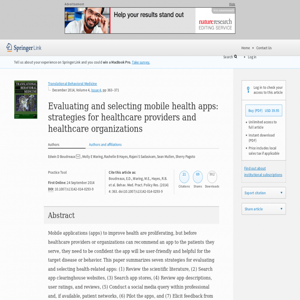 A healthcare social media research article published in Translational Behavioral Medicine, September 23, 2014