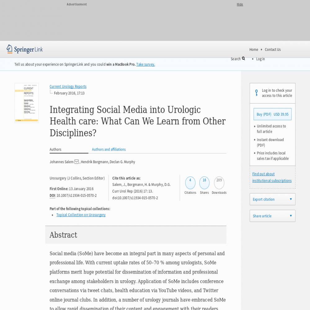 A healthcare social media research article published in Current Urology Reports, January 12, 2016