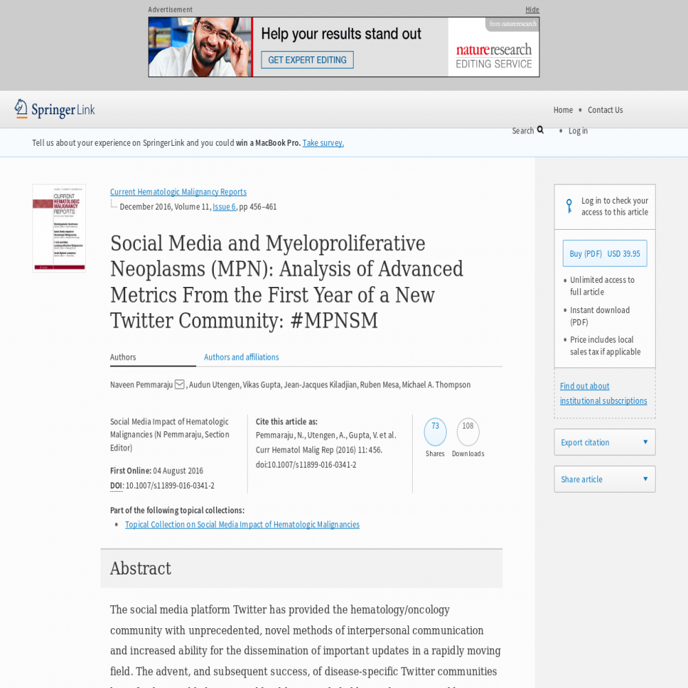 A healthcare social media research article published in Current Hematologic Malignancy Reports, August 3, 2016