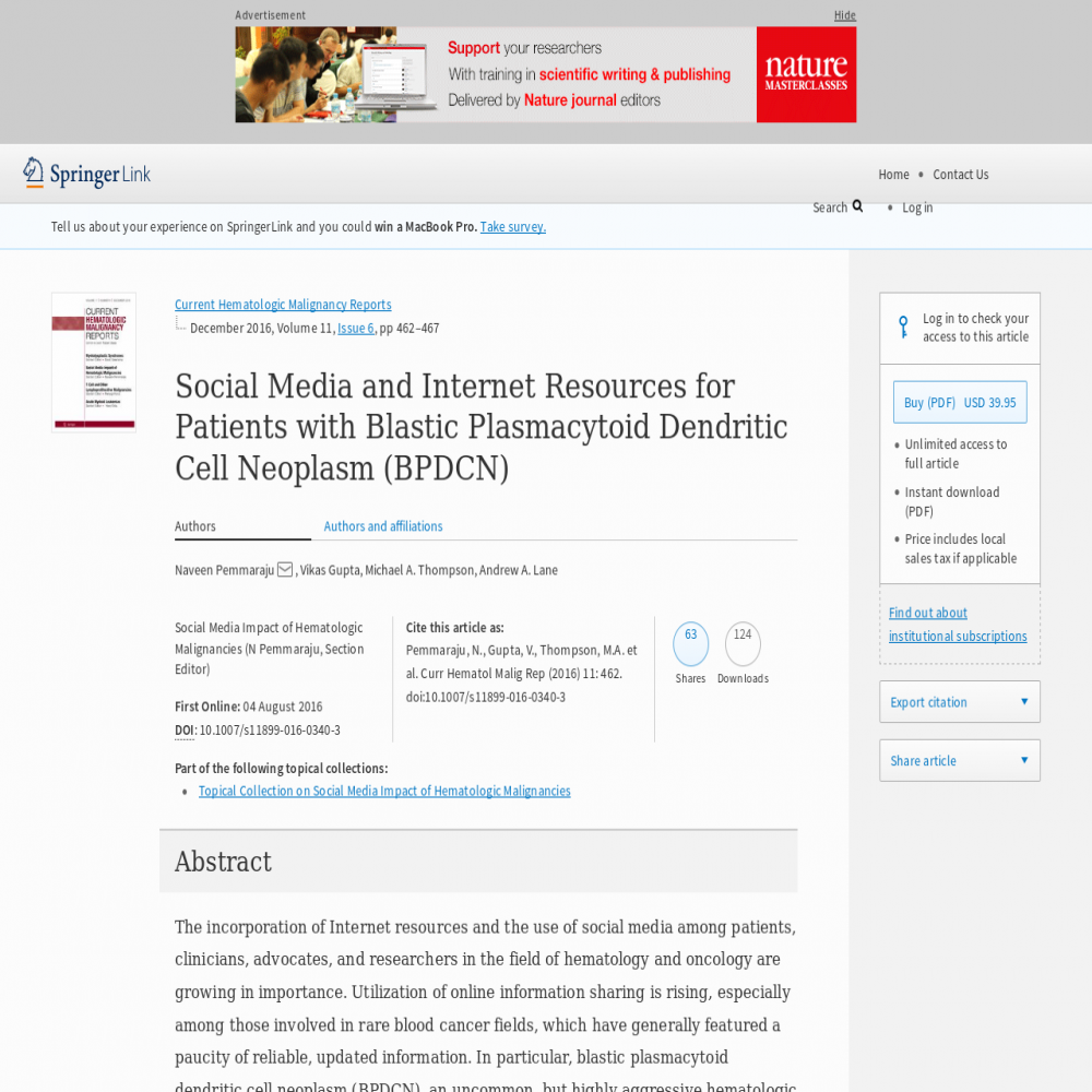 A healthcare social media research article published in Current Hematologic Malignancy Reports, August 3, 2016