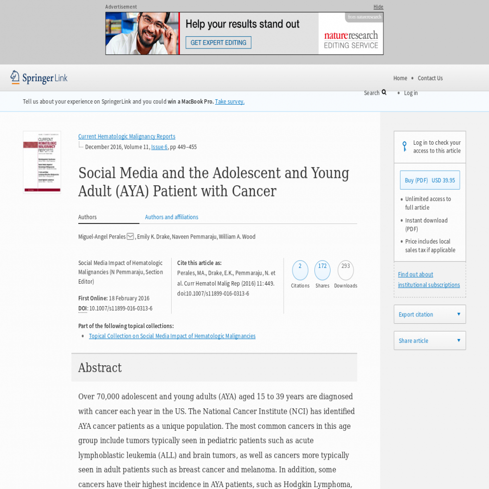 A healthcare social media research article published in Current Hematologic Malignancy Reports, February 17, 2016