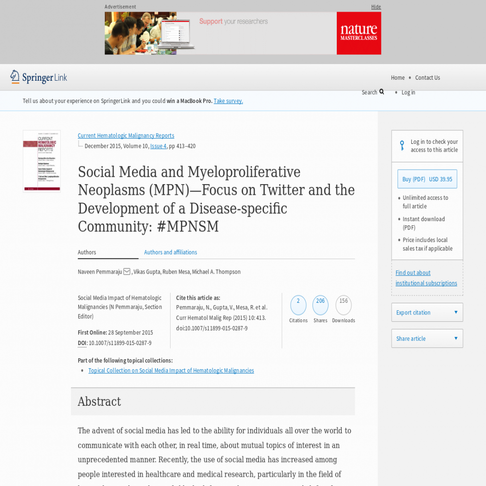 A healthcare social media research article published in Current Hematologic Malignancy Reports, September 27, 2015