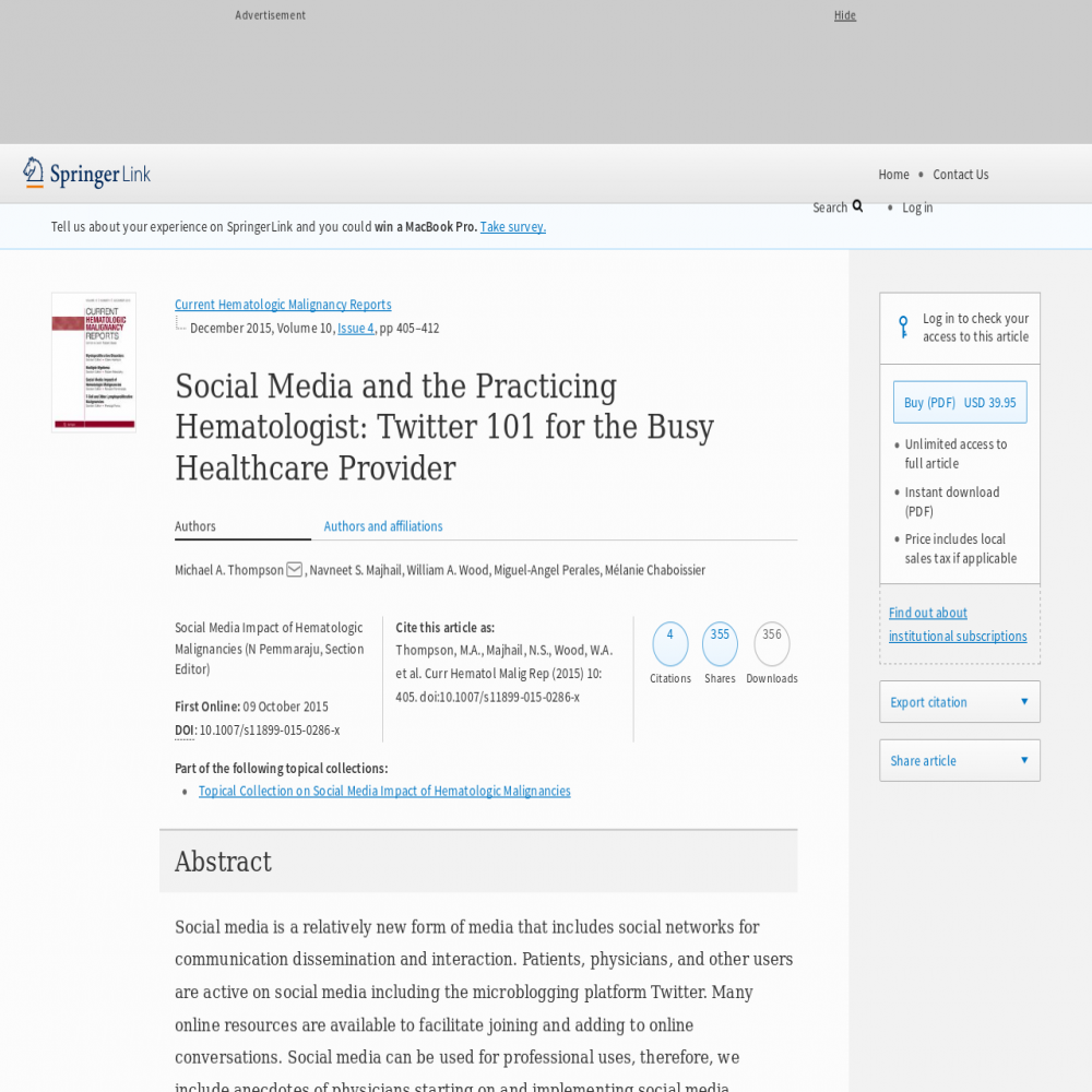 A healthcare social media research article published in Current Hematologic Malignancy Reports, October 8, 2015