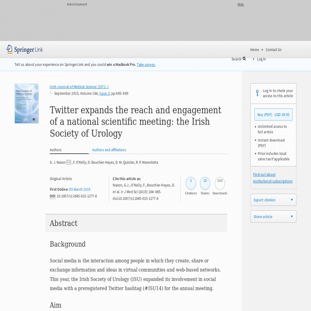 A healthcare social media research article published in Irish Journal of Medical Science, March 4, 2015