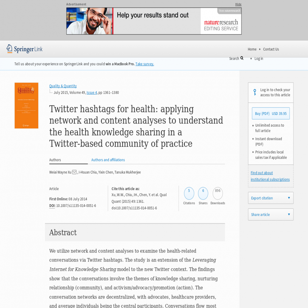 A healthcare social media research article published in Quality & Quantity, July 7, 2014