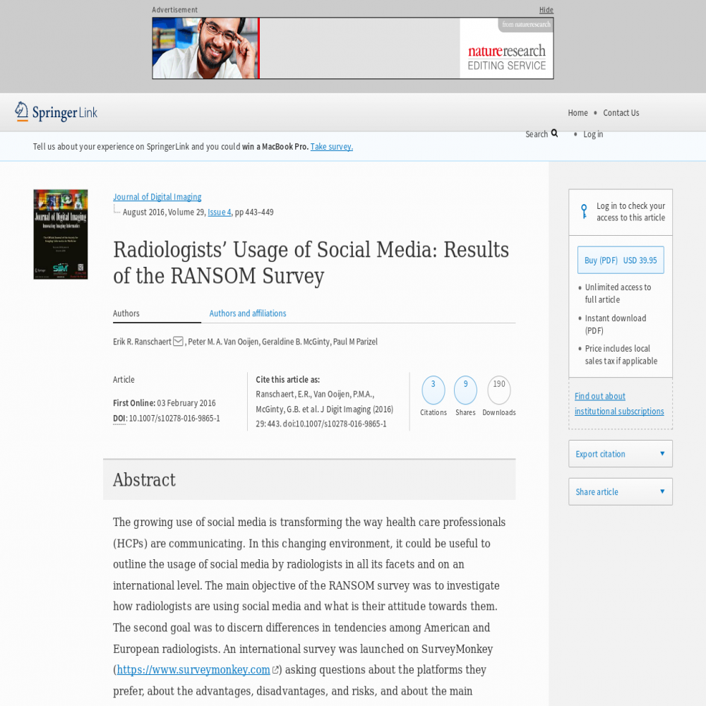 A healthcare social media research article published in Journal of Digital Imaging, February 2, 2016