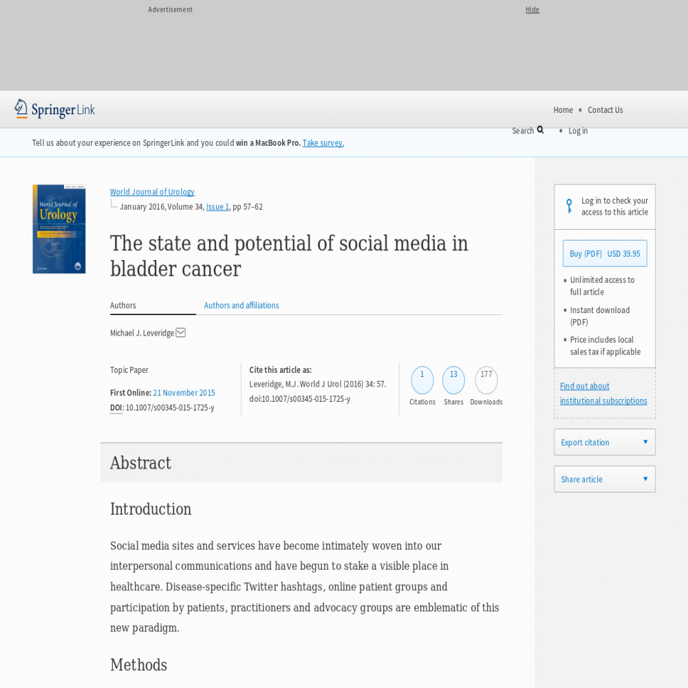 A healthcare social media research article published in World Journal of Urology, November 20, 2015