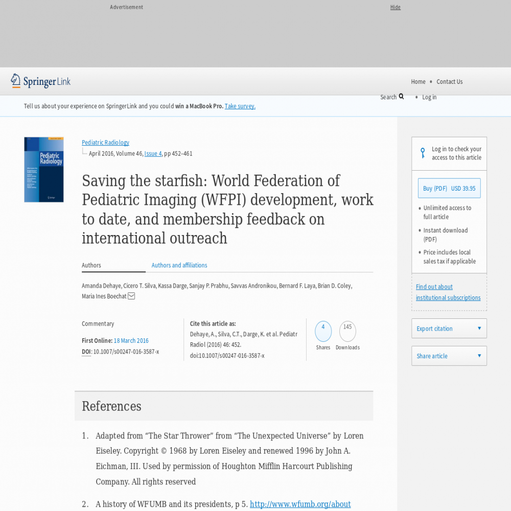 A healthcare social media research article published in Pediatric Radiology, March 17, 2016