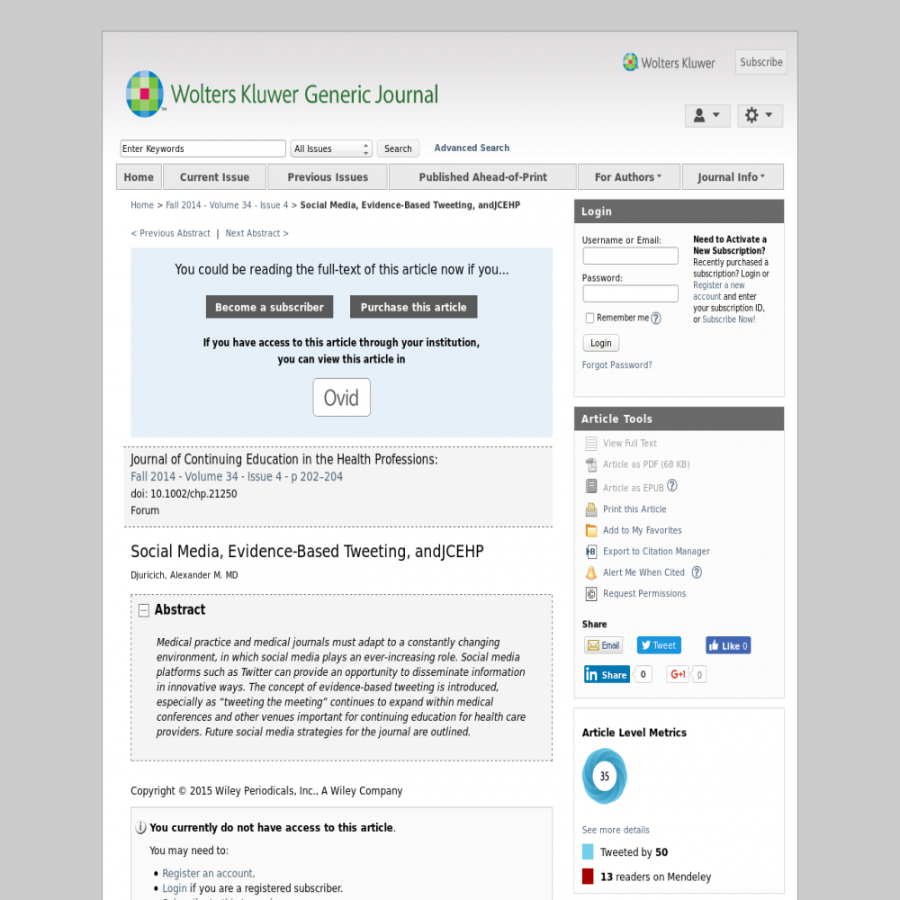 A healthcare social media research article published in The Journal of Continuing Education for Health Professionals, December 31, 2013