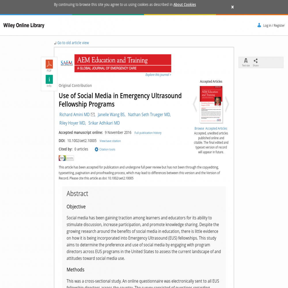 A healthcare social media research article published in AEM Education and Training: A Global Journal of Emergency Care, January 18, 2017