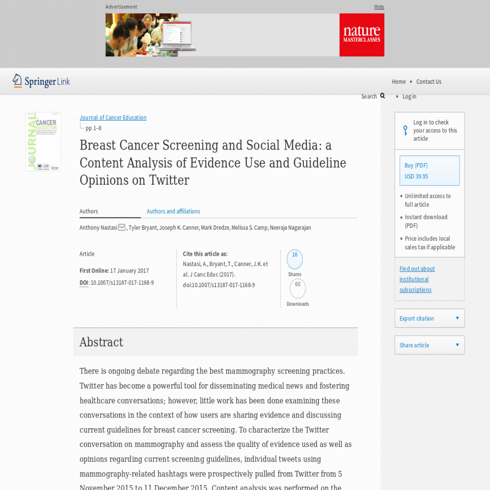 A healthcare social media research article published in Journal of Cancer Education, January 16, 2017