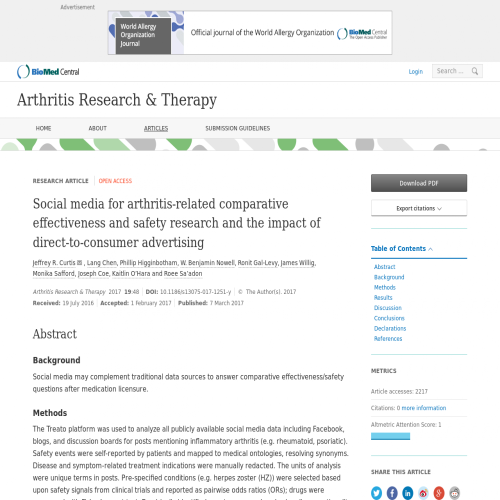 A healthcare social media research article published in Arthritis Research and Therapy, March 6, 2017