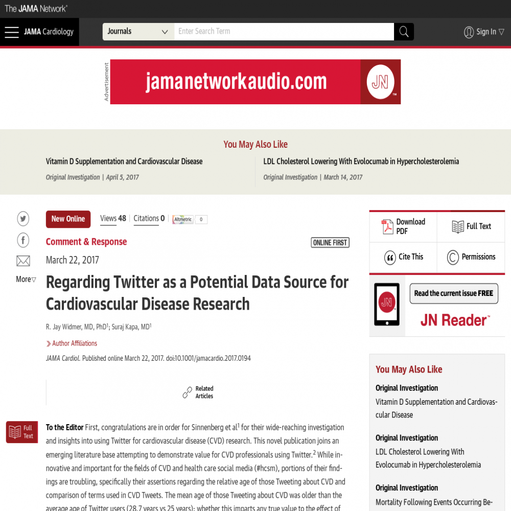 A healthcare social media research article published in JAMA Cardiology, June 30, 2017