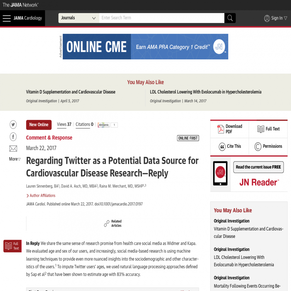A healthcare social media research article published in JAMA Cardiology, June 30, 2017