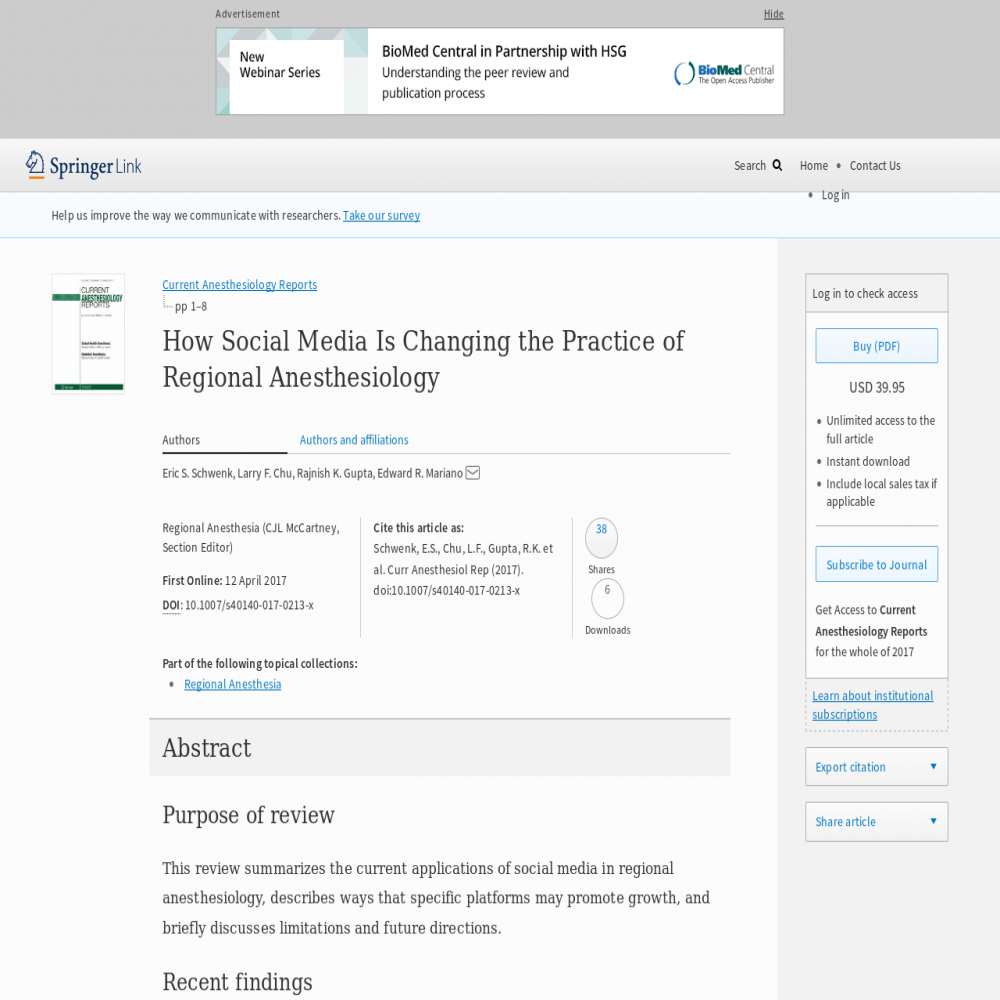 A healthcare social media research article published in Current Anesthesiology Reports, 2017