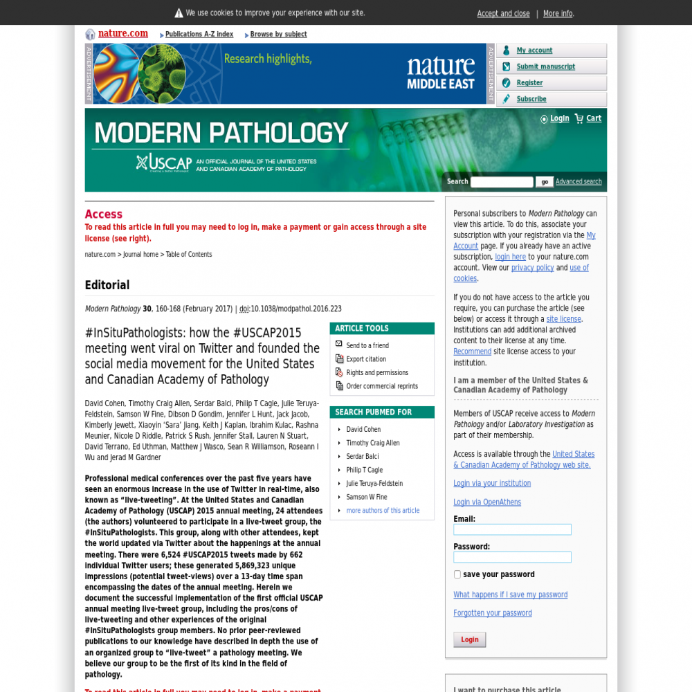 A healthcare social media research article published in Modern Pathology, January 12, 2017