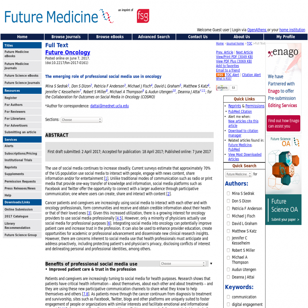 A healthcare social media research article published in Future Oncology, May 31, 2017