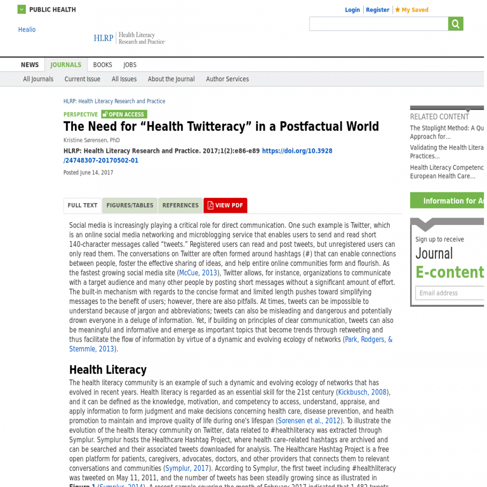 A healthcare social media research article published in Health Literacy Research and Practice, June 14, 2017