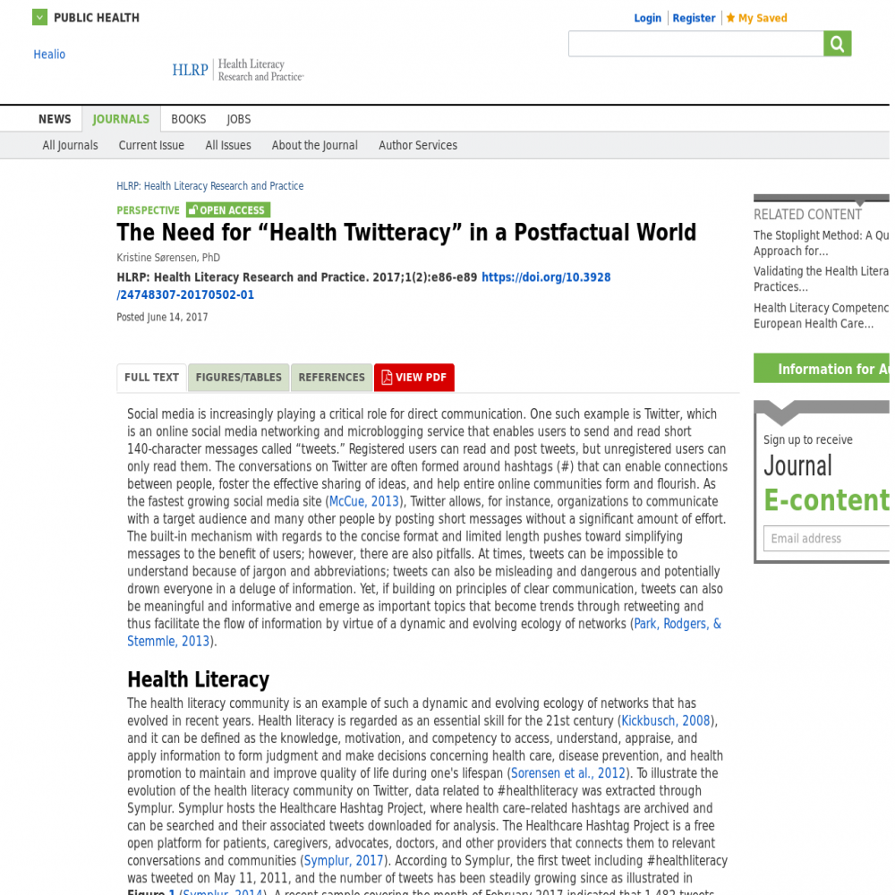 A healthcare social media research article published in Health Literacy Research and Practice, March 31, 2017