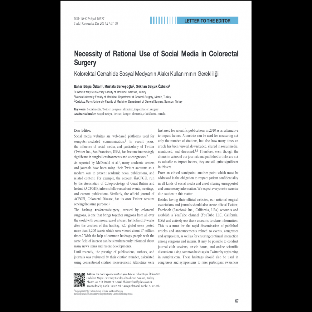 A healthcare social media research article published in Turkish Journal of Colorectal Disease, 2017