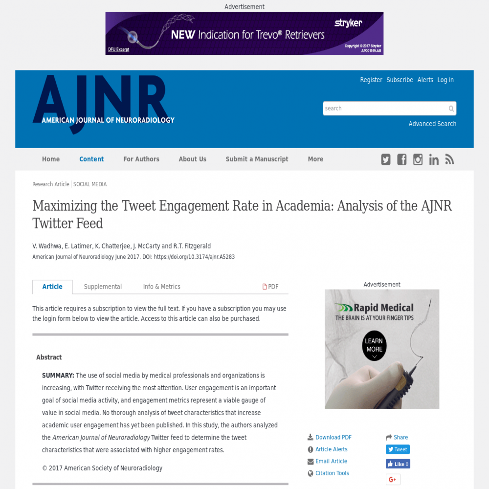 A healthcare social media research article published in American Journal of Neuroradiology, June 28, 2017