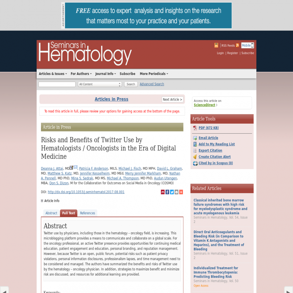 A healthcare social media research article published in Seminars in Hematology (ScienceDirect), September 30, 2017