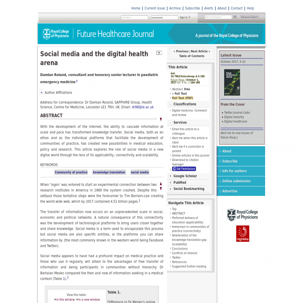 A healthcare social media research article published in Future Healthcare Journal, October 1, 2017