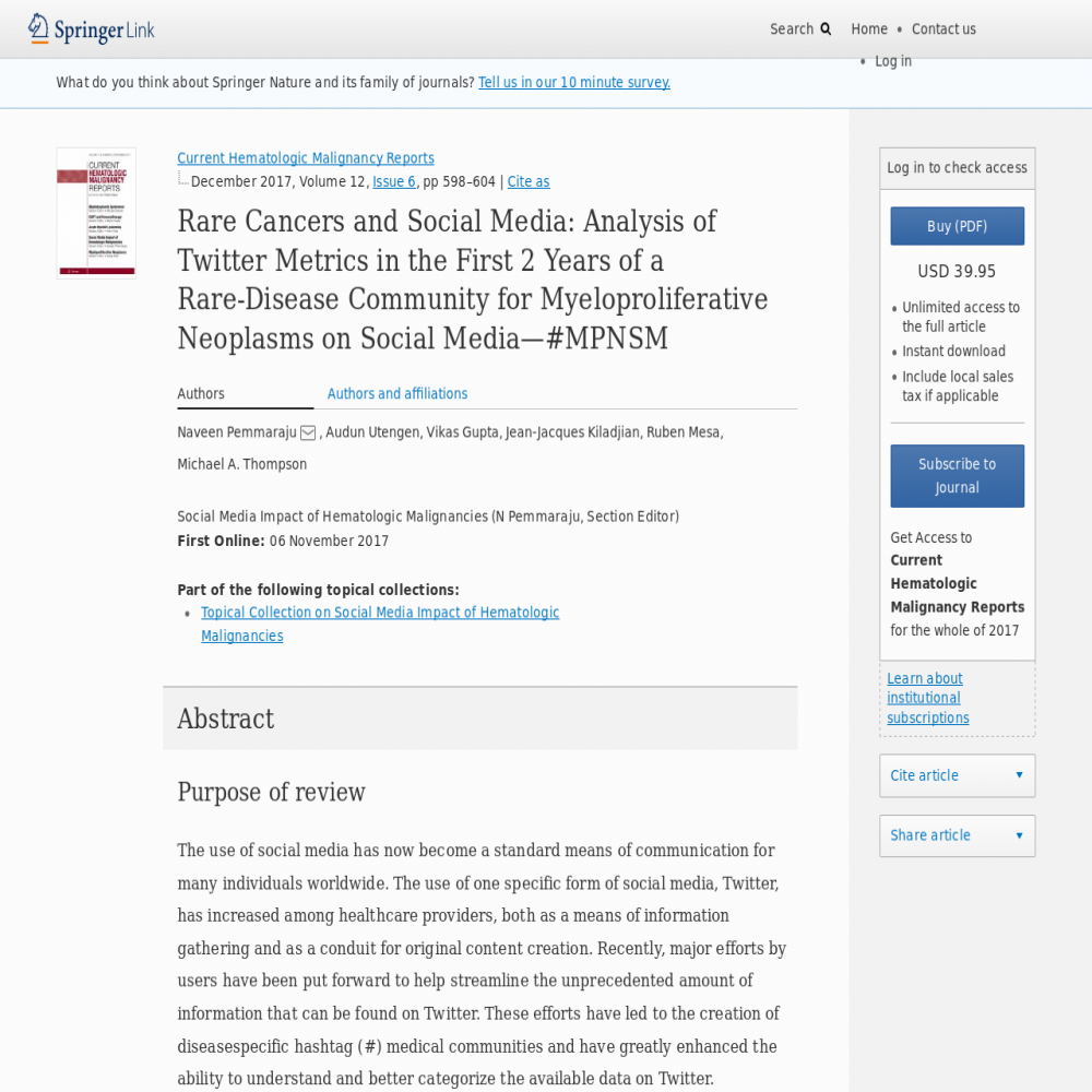 A healthcare social media research article published in Current Hematologic Malignancy Reports, November 5, 2017