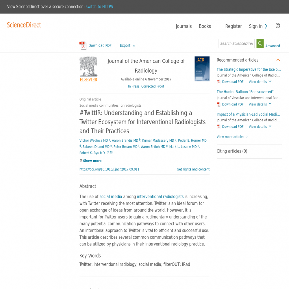 A healthcare social media research article published in Journal of the American College of Radiology, December 31, 2017