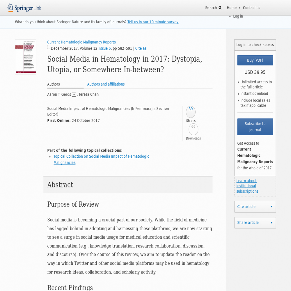 A healthcare social media research article published in Current Hematologic Malignancy Reports, October 23, 2017